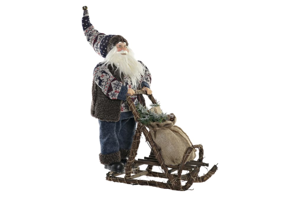 Figura papa noel en trineo navidad poliester madera azul 42x25x48cm