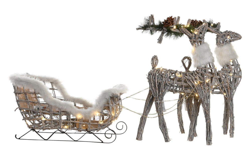 Trineo y renos navidad decoracion led mimbre blanco 60x30x37cm