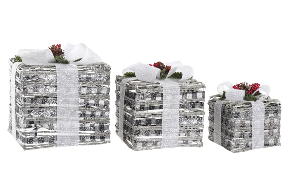 Set 3 regalo navidad led ratan nevado blanco 25x25x29 cm