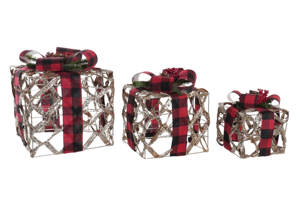 Set 3 regalo navidad led ratan plateado 25x25x30cm
