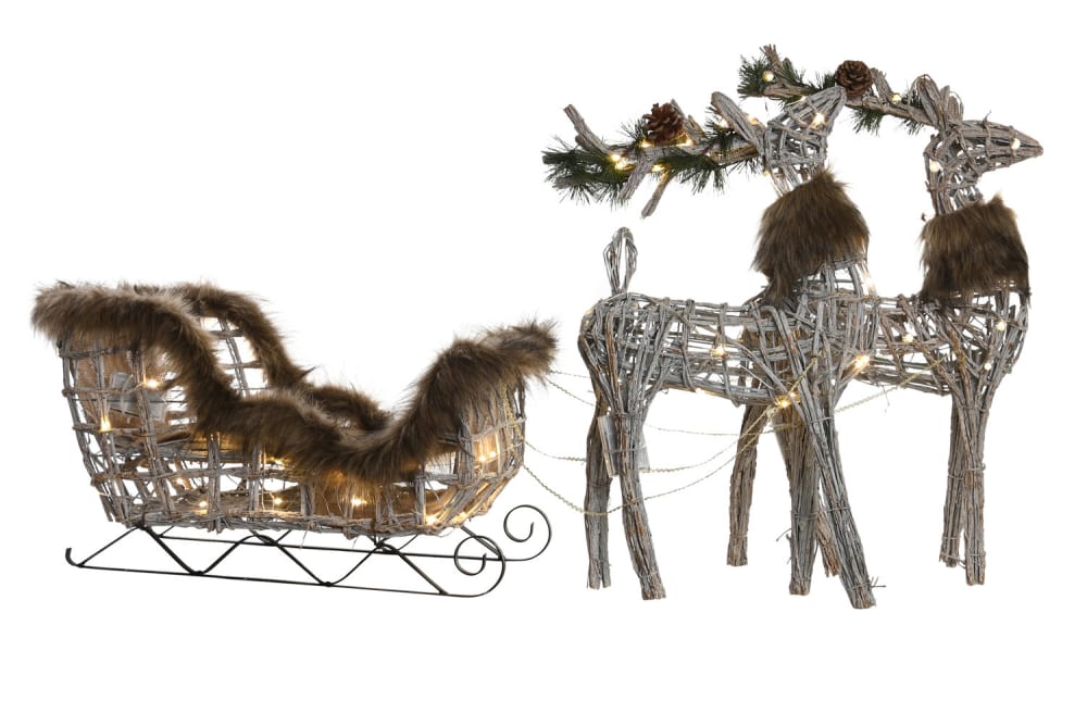 Reno con trineo navidad led mimbre blanco 58x30x30 cm
