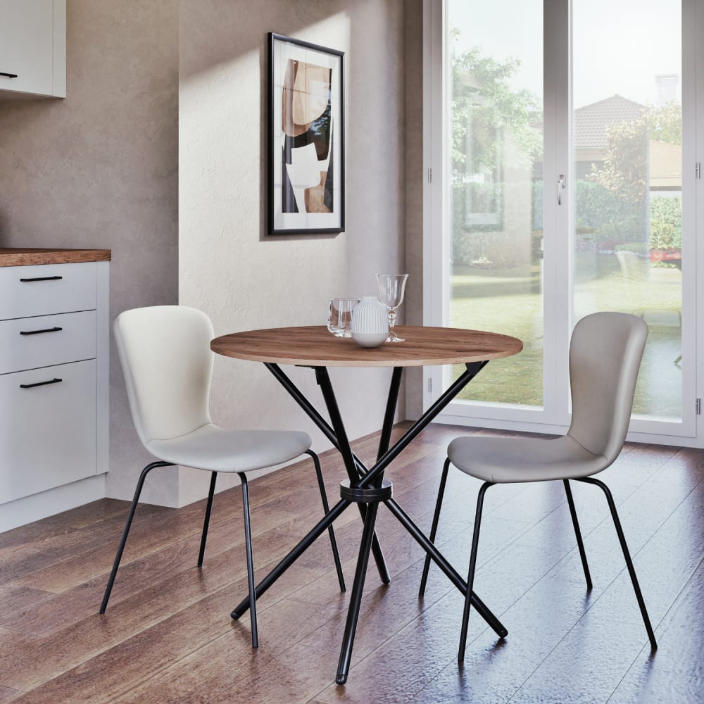 Table de salle à manger 80*80 ronde effet bois pieds ronds croisés