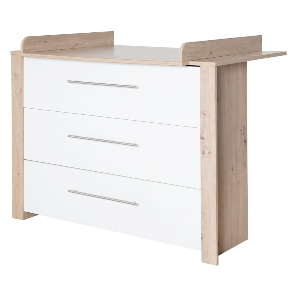 Commode à langer avec plan amovible en bois blanc laqué / effet chêne