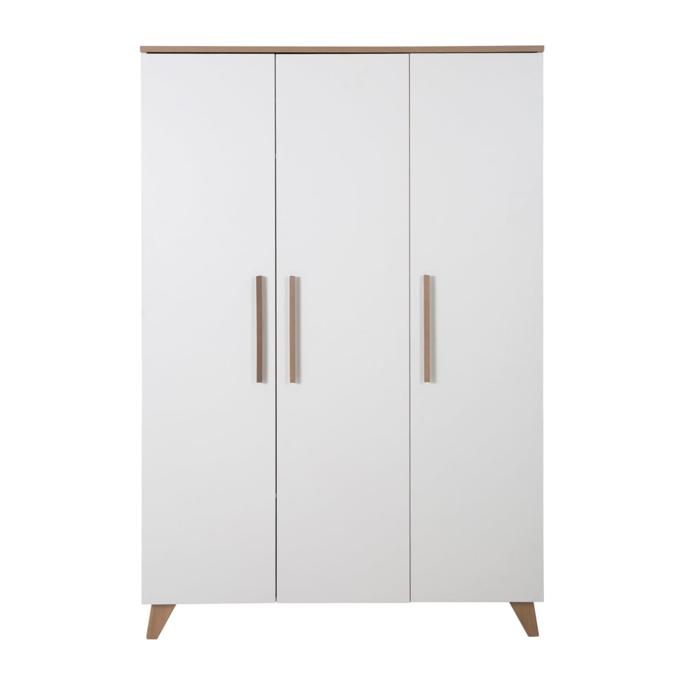 Armoire 3 portes blanche avec poignées et pieds en bois massif