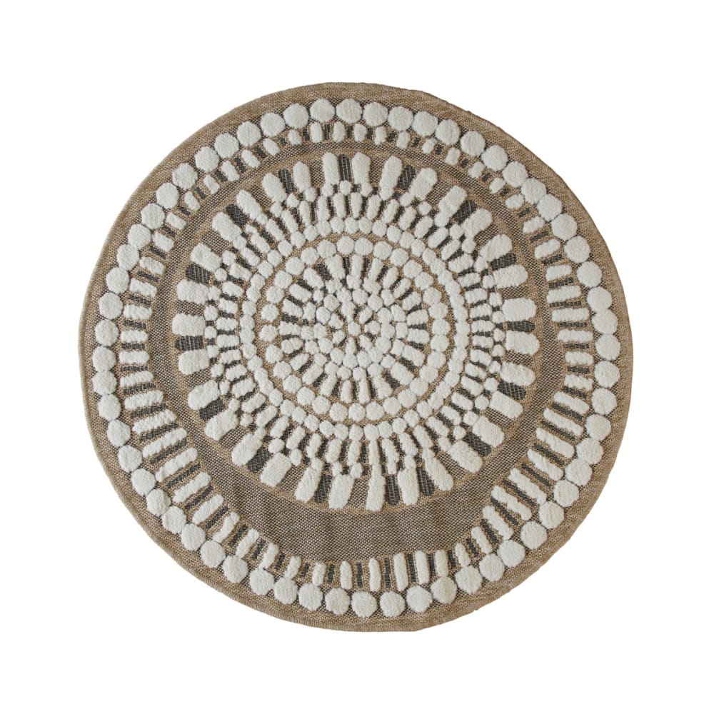 Tapis rond aspect jute motifs en relief blanc diamètre 90