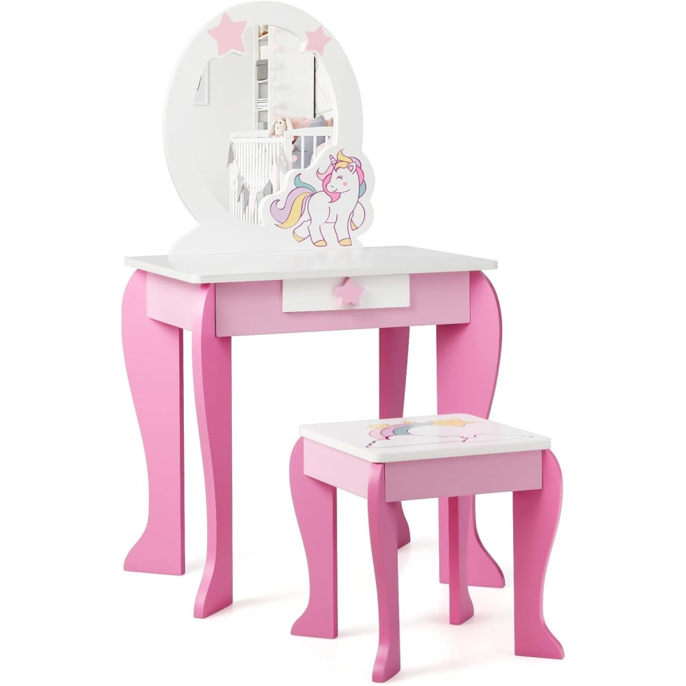 Coiffeuse enfant fille tabouret et miroir amovible rose 49X34X89,5cm