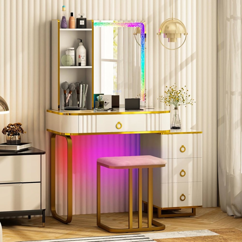 Coiffeuse avec miroir led, contemporaine, blanc, bois d'ingénierie - Maisons du Monde