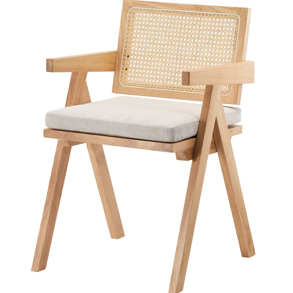 Chaise en bois massif, cannage et velours côtelé beige