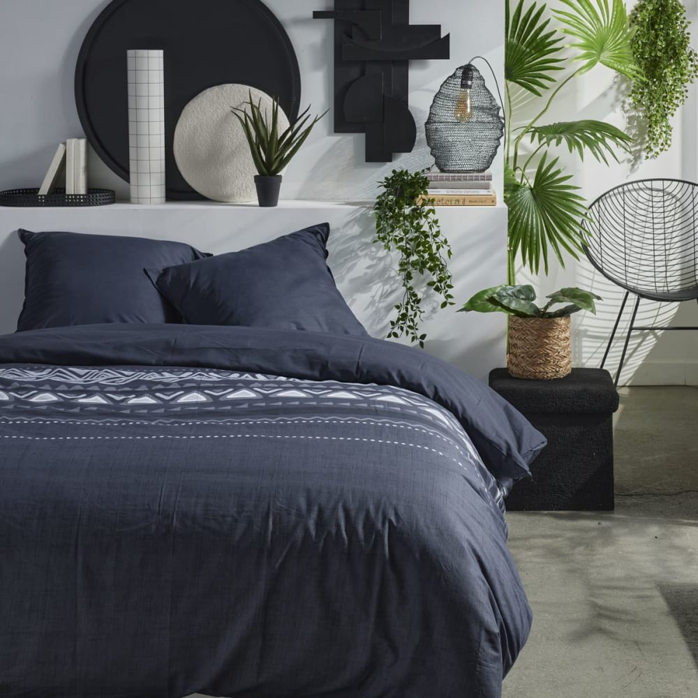 Parure de lit 3 pièces 240x220 cm coton imprimé formes bleu marine