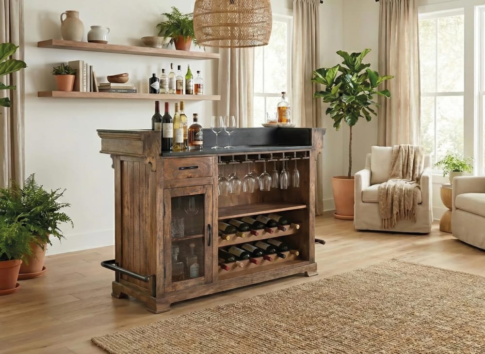 Barschrank aus Mangoholz Granit und Metall 150 cm braun - Maisons