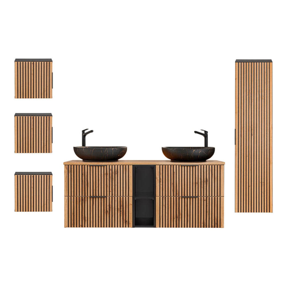 Ensemble meuble double vasque 140cm panneaux mélaminé et mdf noir Ensemble meuble double vasque 140cm panneaux mélaminé et mdf noir