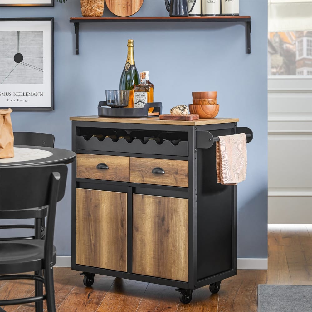 Desserte à roulettes 1 porte-bouteilles 2 tiroirs effet bois marron