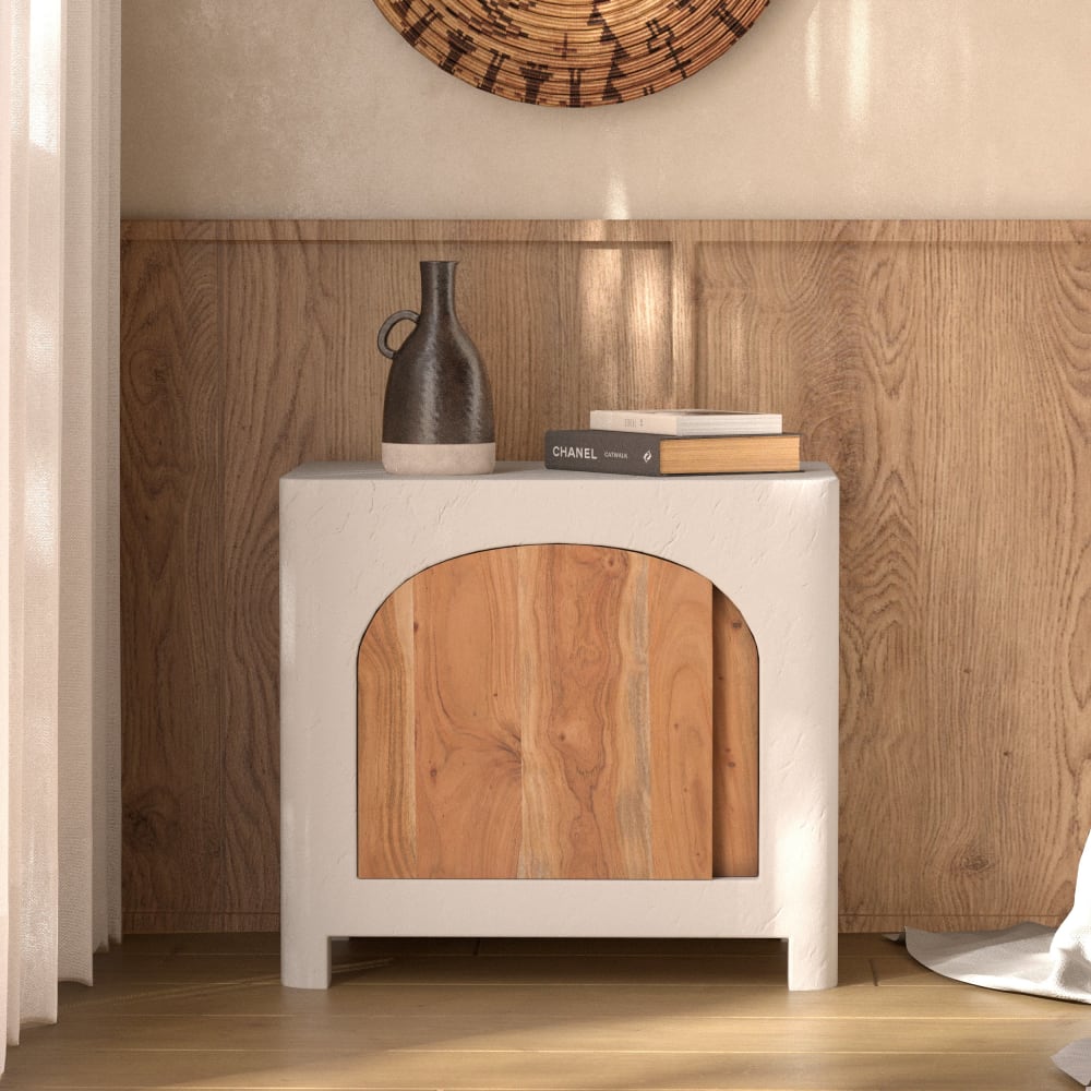 Table de chevet en plâtre blanc cassé et bois d'acacia - Maisons du Monde