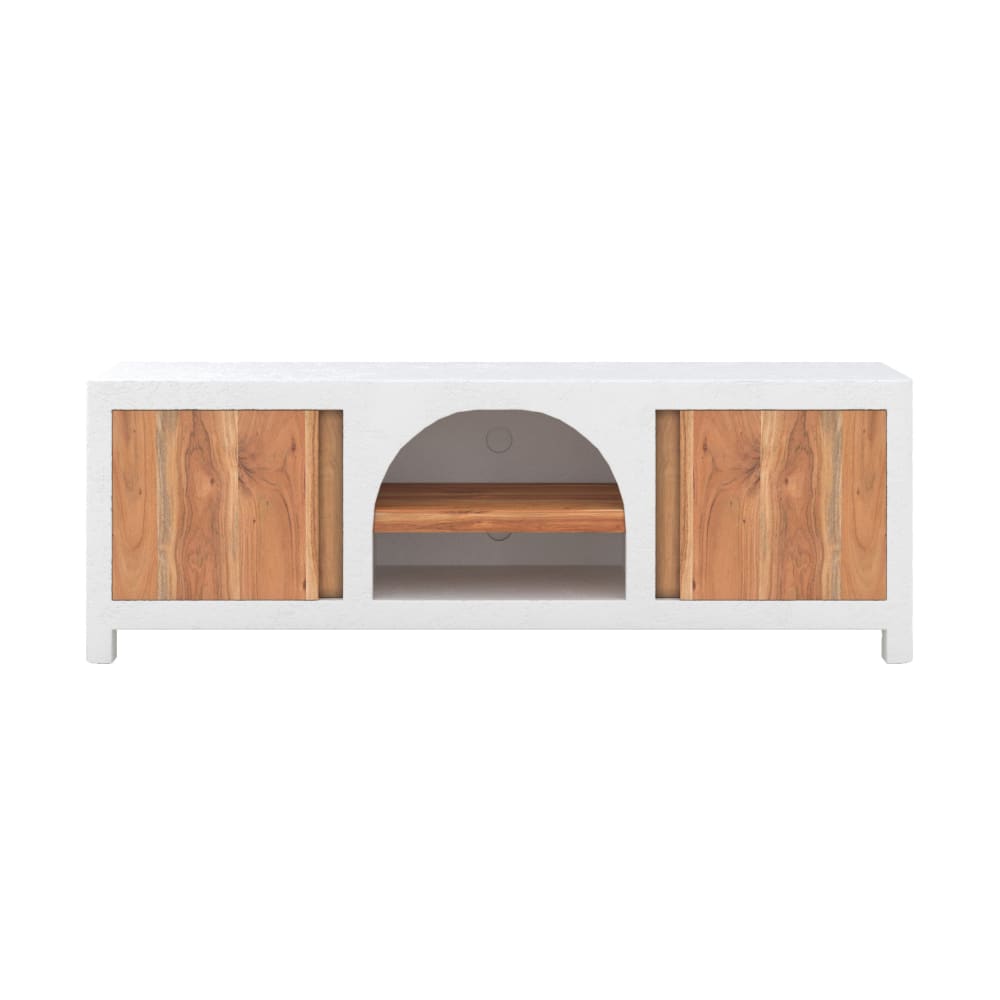 Meuble TV en béton blanc cassé et bois d'acacia 145 cm