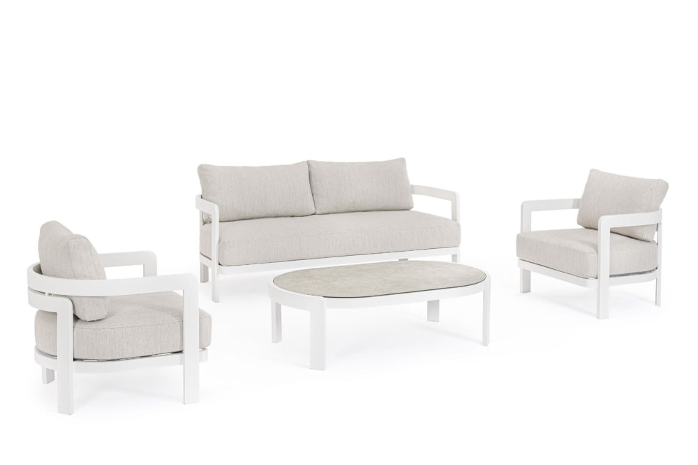 Set de 4 salon de jardin en aluminium et coussins en toile blanc