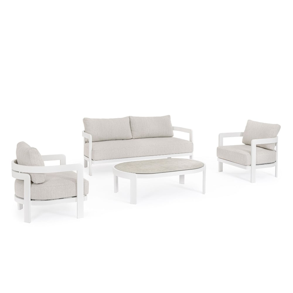 set de  salon de jardin en aluminium et coussins en toile blanc
