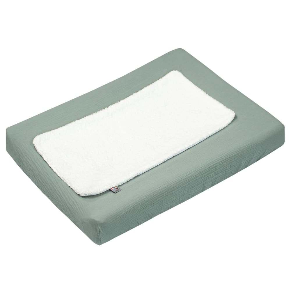 Housse matelas à langer bébé + tapis gaze de coton vert de gris 70x5