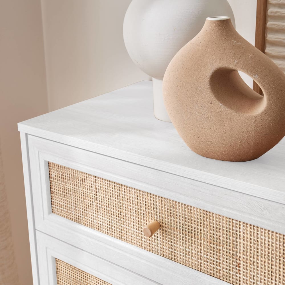 Commode décor bois et cannage 6 tiroirs, blanc