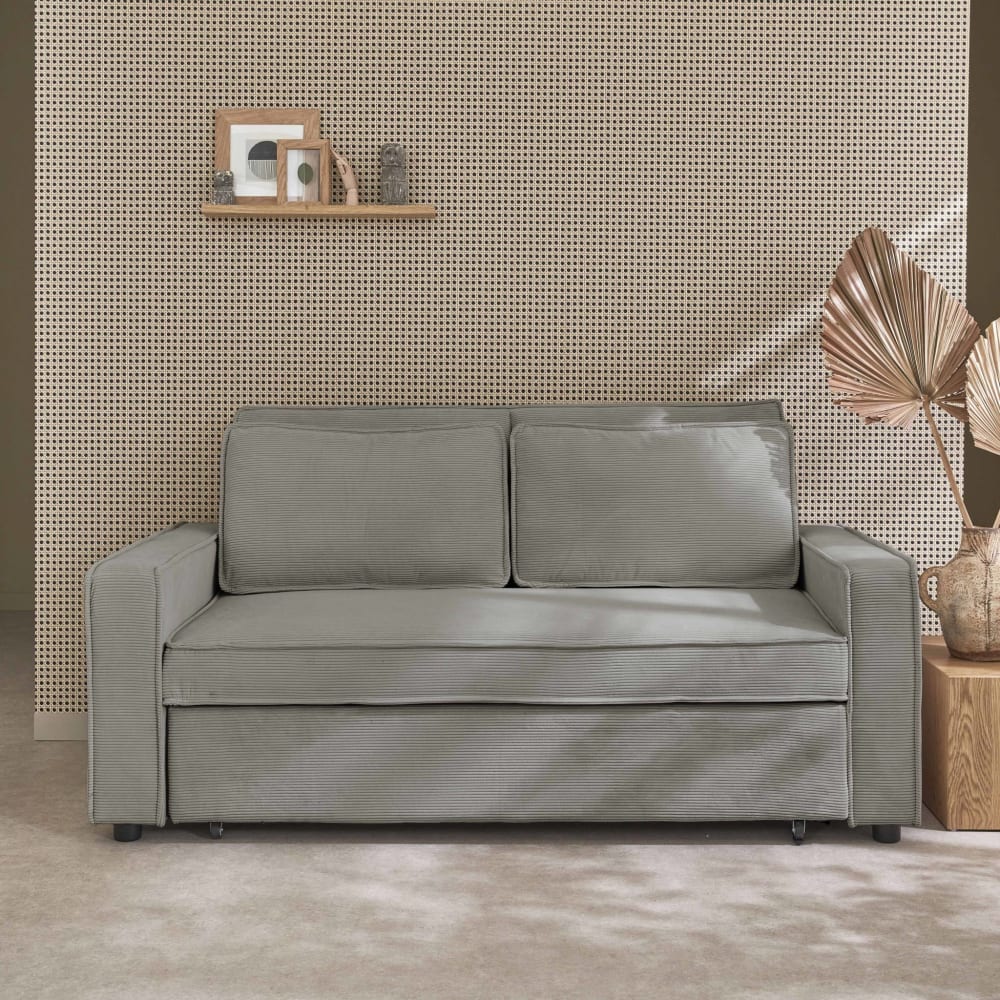 Canapé, banquette lit 2 places gris clair velours côtelé