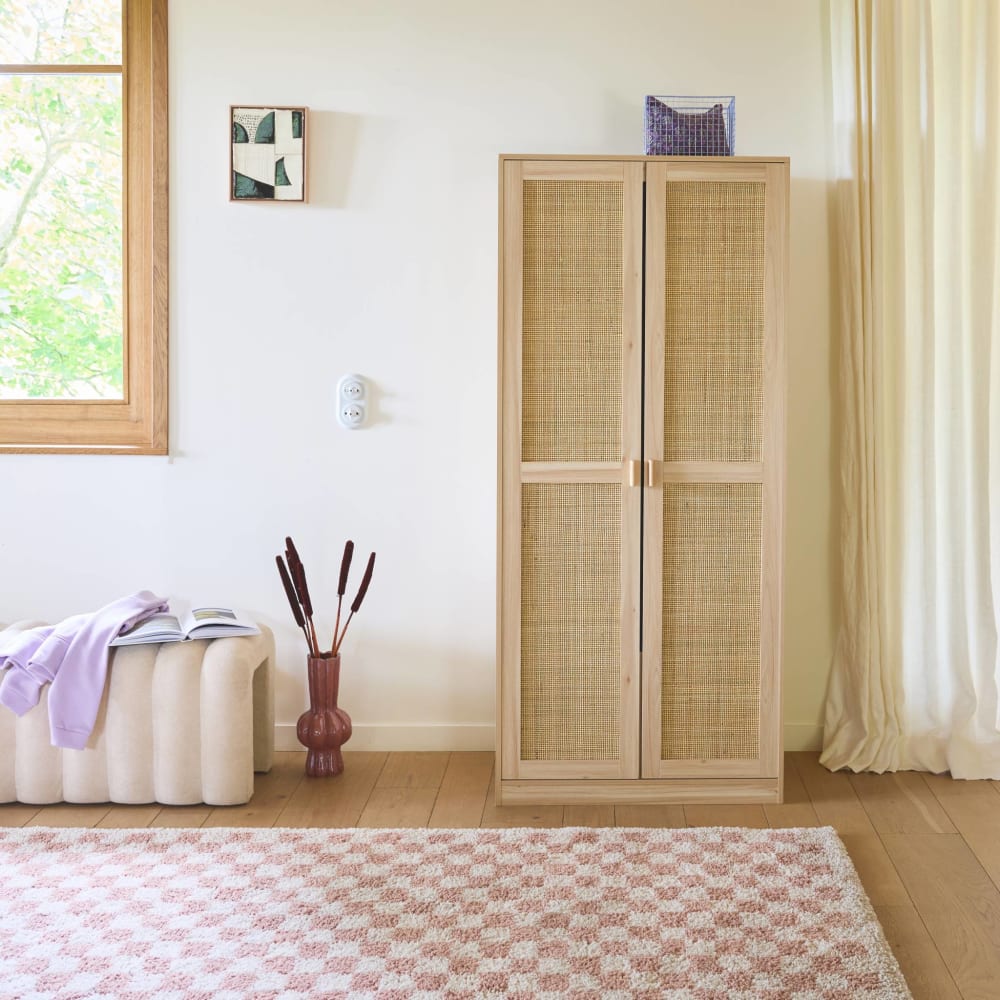Kleiderschrank mit Rattan-Geflecht und Holzlook, 2 Türen B 80 cm