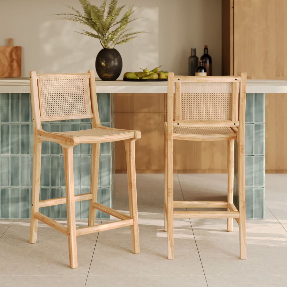 2er Set Barhocker aus Teakholz und Rattan-Geflecht 66,5 cm -