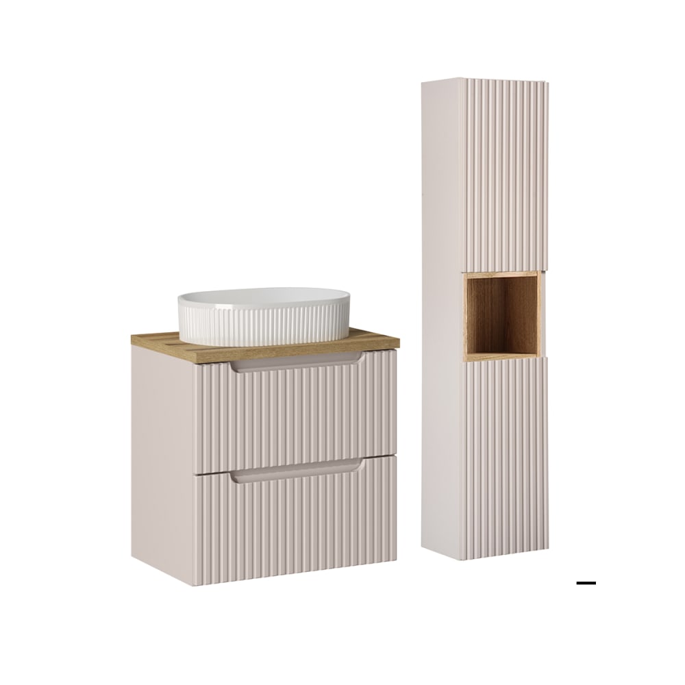 Ensemble meuble vasque 2 tiroirs colonne stratifiés beige