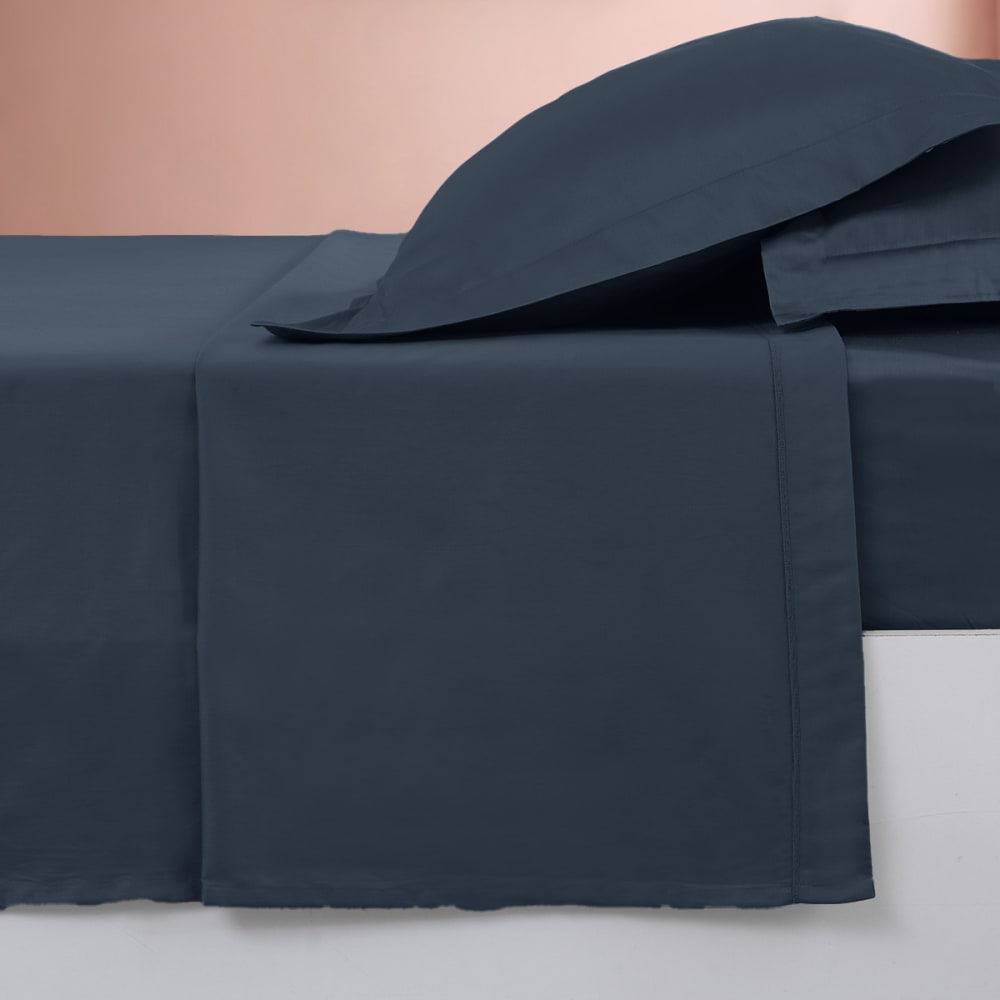 Drap plat en satin de coton 120 fils marine 240x300 cm - Maisons du Monde