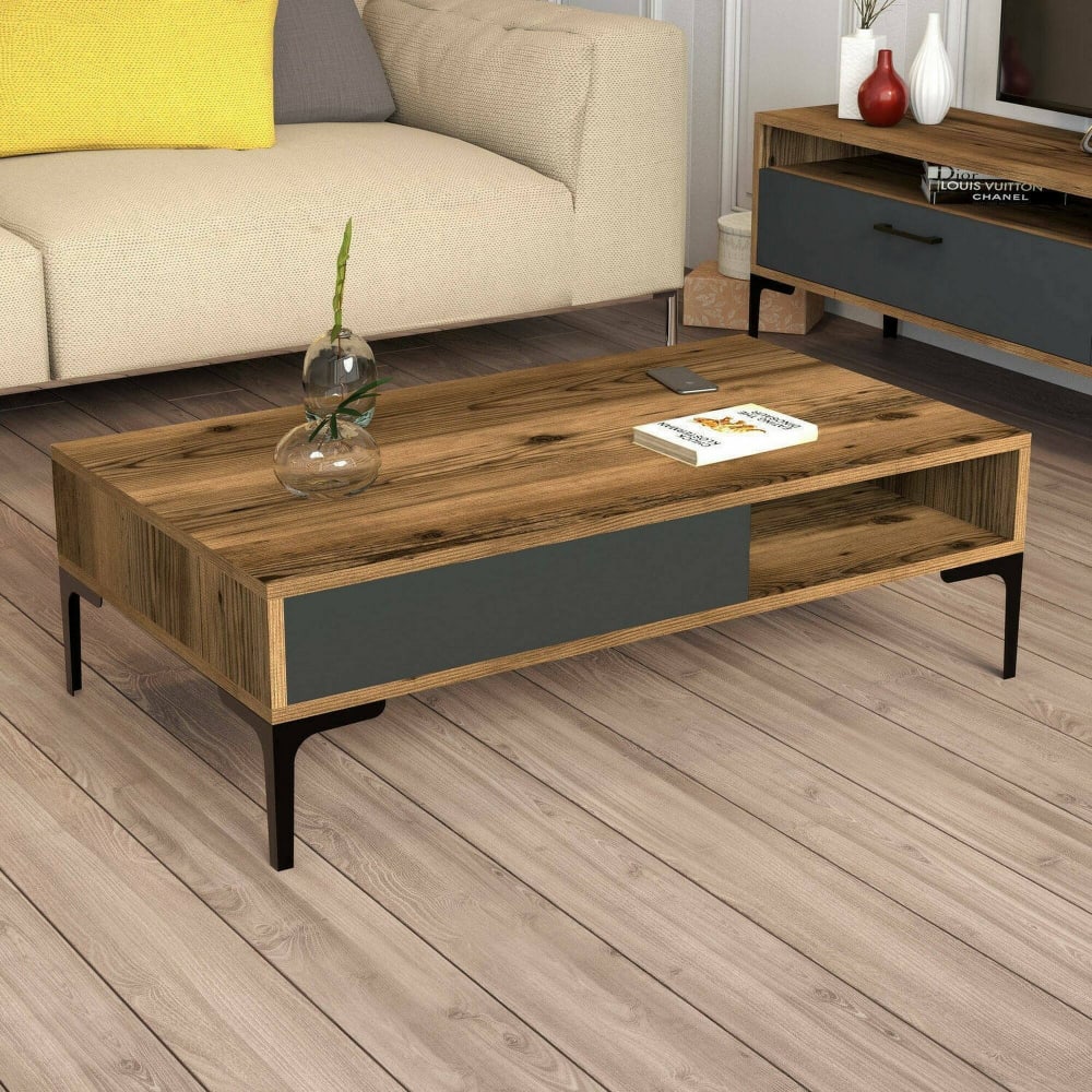 Table basse effet bois noyer, anthracite 105x60h33 cm