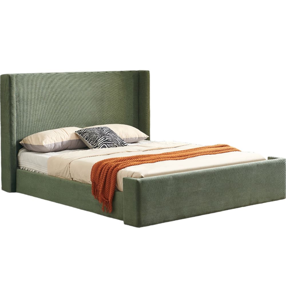 Lit+adulte+140x190+cm,+tete+de+lit+matelassee+en+velours+cotele+vert