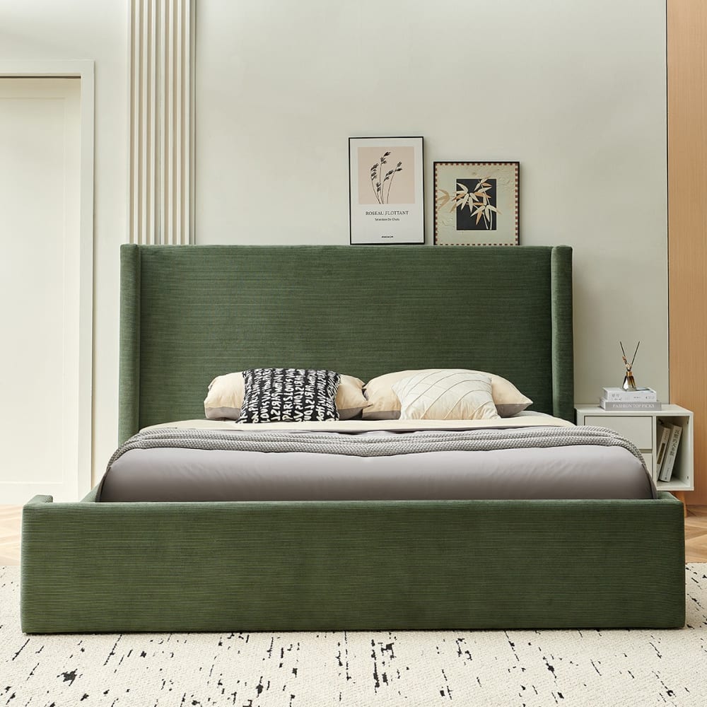 Lit adulte 140x190 cm, tête de lit matelassée en velours côtelé vert