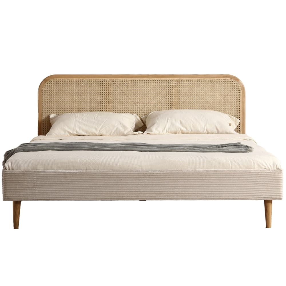 Lit+adulte+180x200+cm+en+velours+cotele+beige,+tete+de+lit+en+cannage