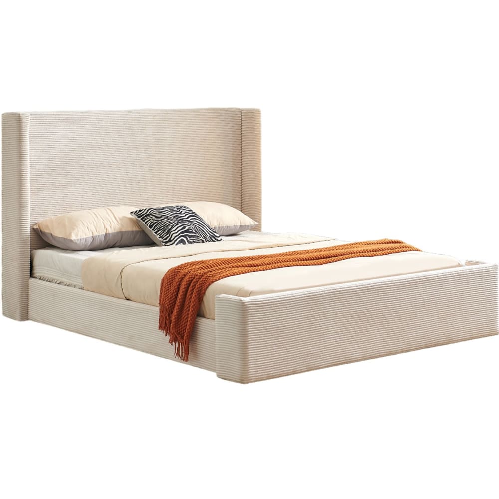 Lit+adulte+140x190+cm,+tete+de+lit+matelassee+en+velours+cotele+beige