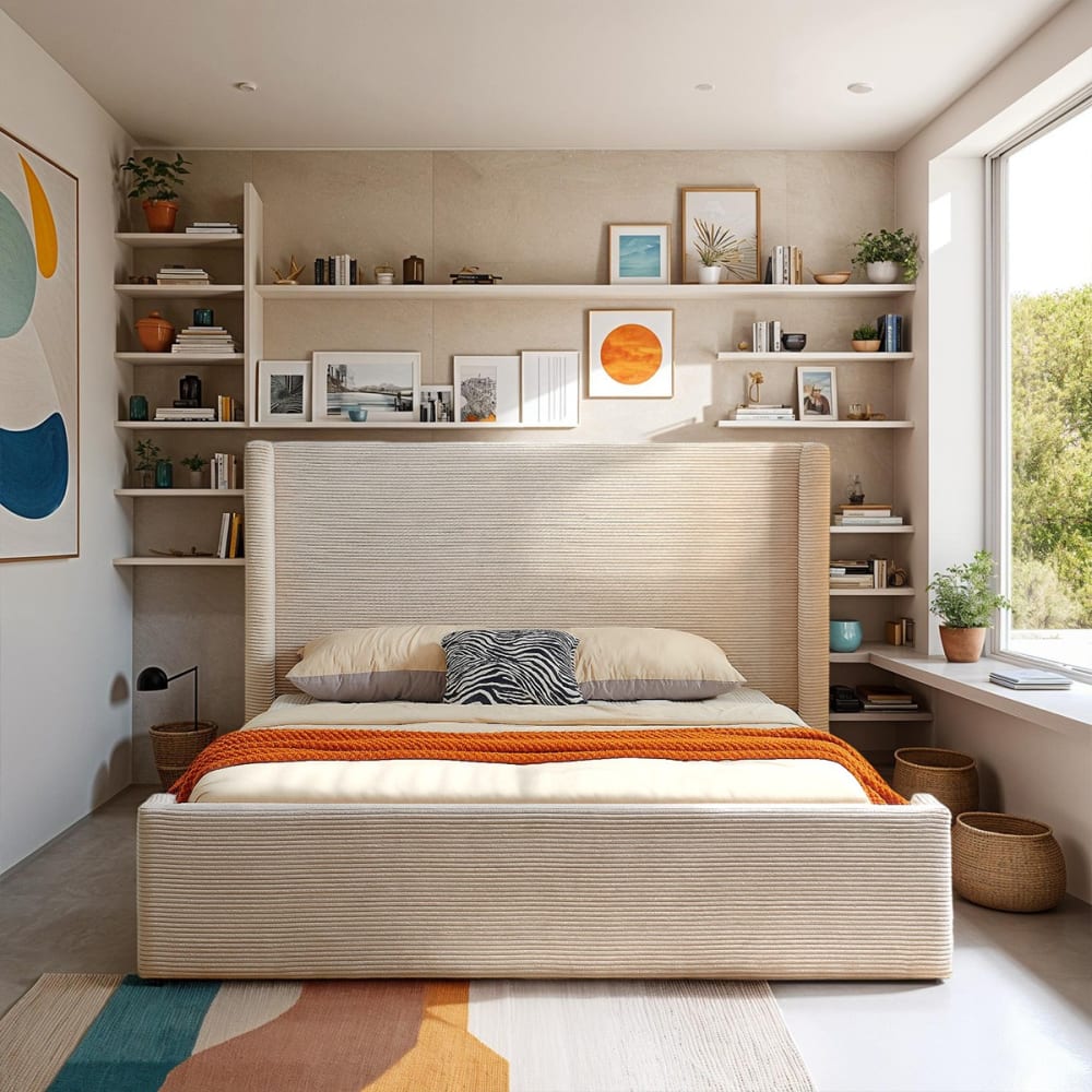 Lit adulte 140x190 cm, tête de lit matelassée en velours côtelé beige