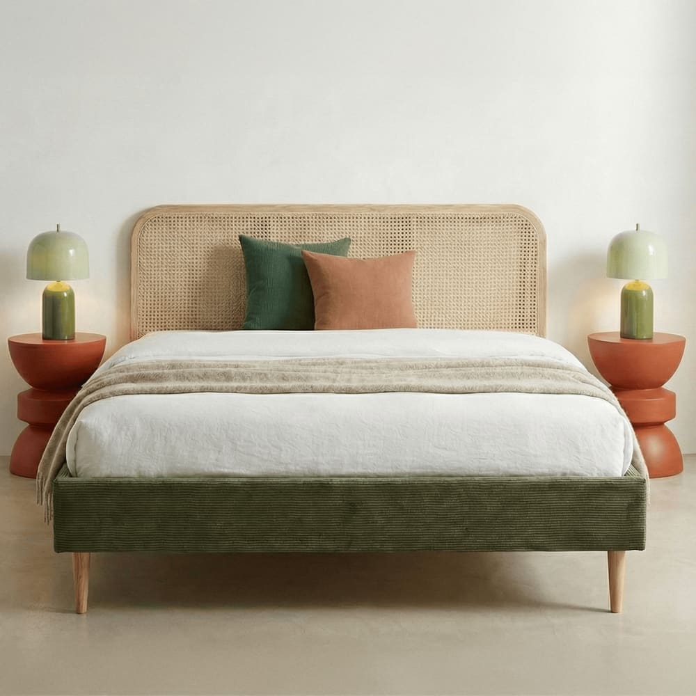 Lit adulte 160x200 cm en velours côtelé vert, tête de lit en cannage - Maisons du Monde