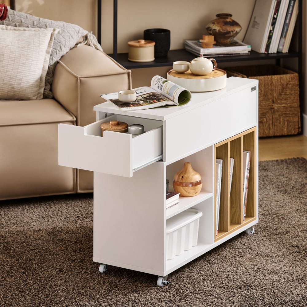 Bout de canapé en bois avec porte- revues et tiroir effet bois blanc