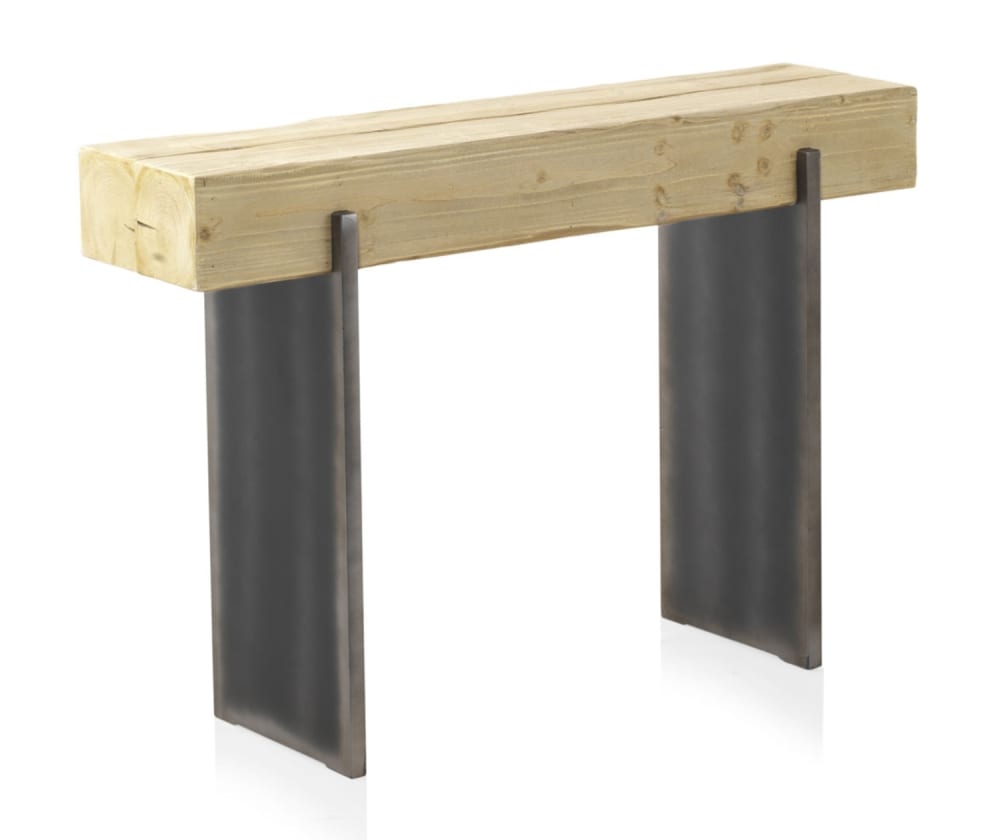 Table console plaquée en épicéa avec pieds laqués en métallique