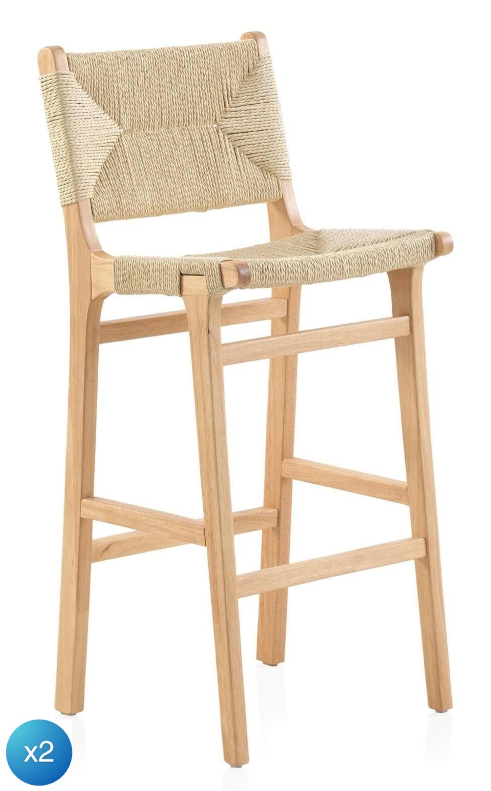 Lot de 2 tabourets en hévéa avec assise et dossier tressés