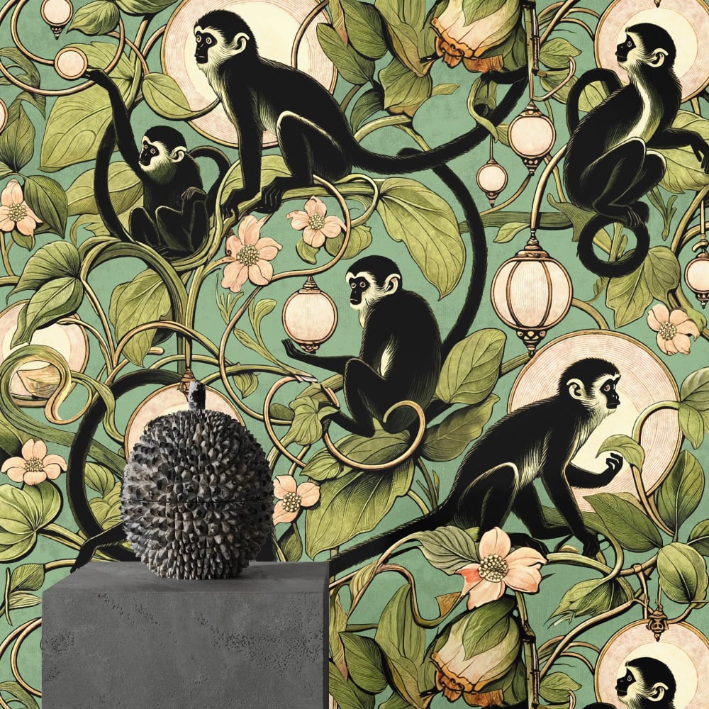Papier Peint Vert Singes, papier véritable, 200x280cm, 8 feuilles — vue 3