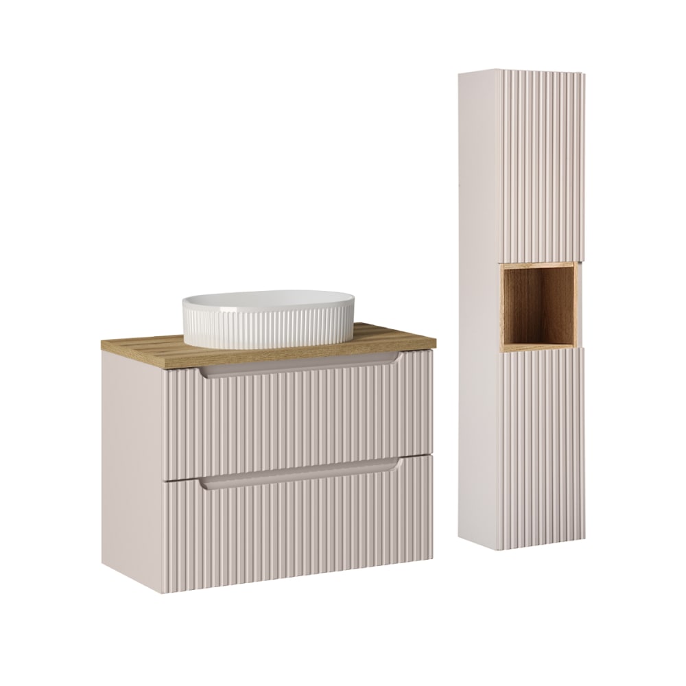 Ensemble meuble vasque 2 tiroirs colonne stratifiés beige