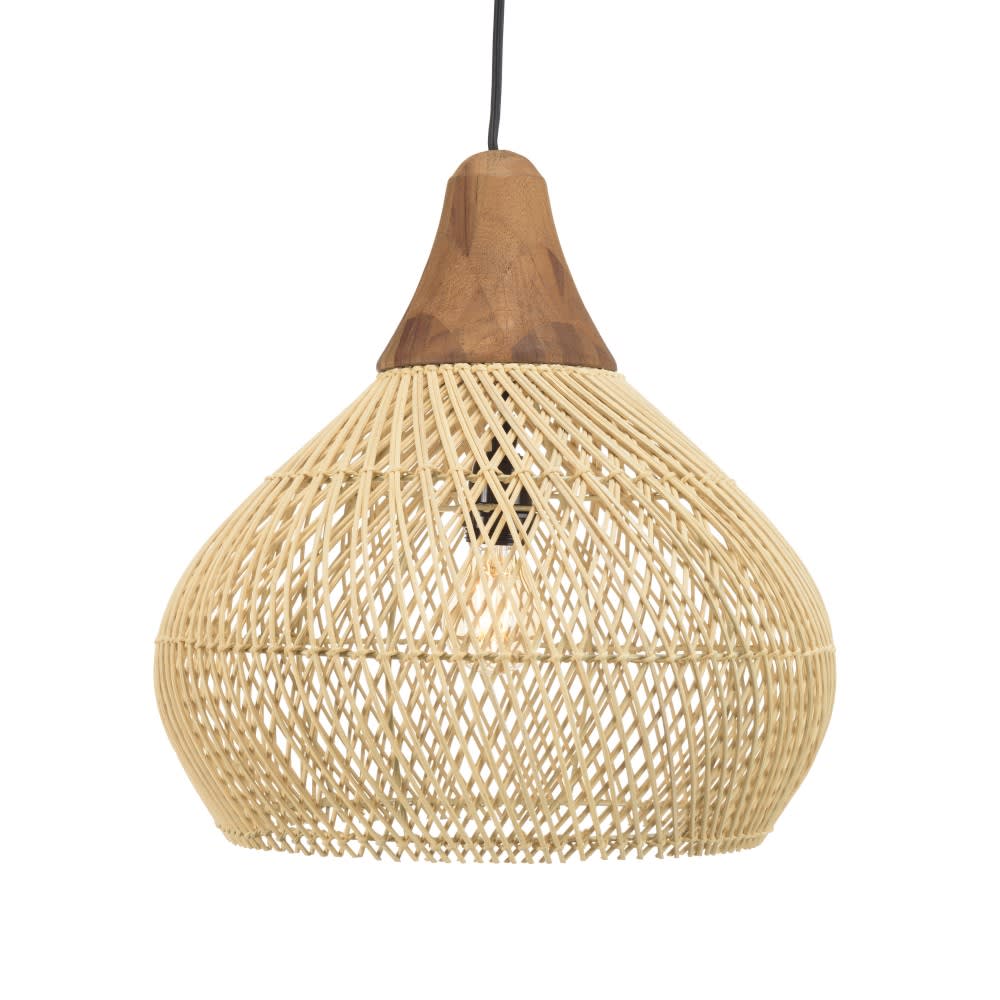 Suspension ''cloche'' 40x40cm rotin couleur naturelle et teck