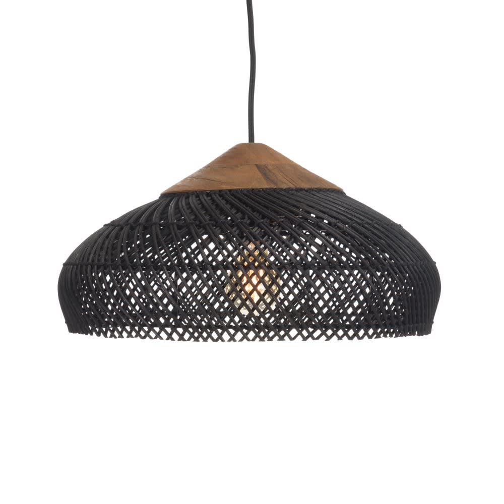 Suspension 40x40cm en rotin couleur noire et teck recyclé