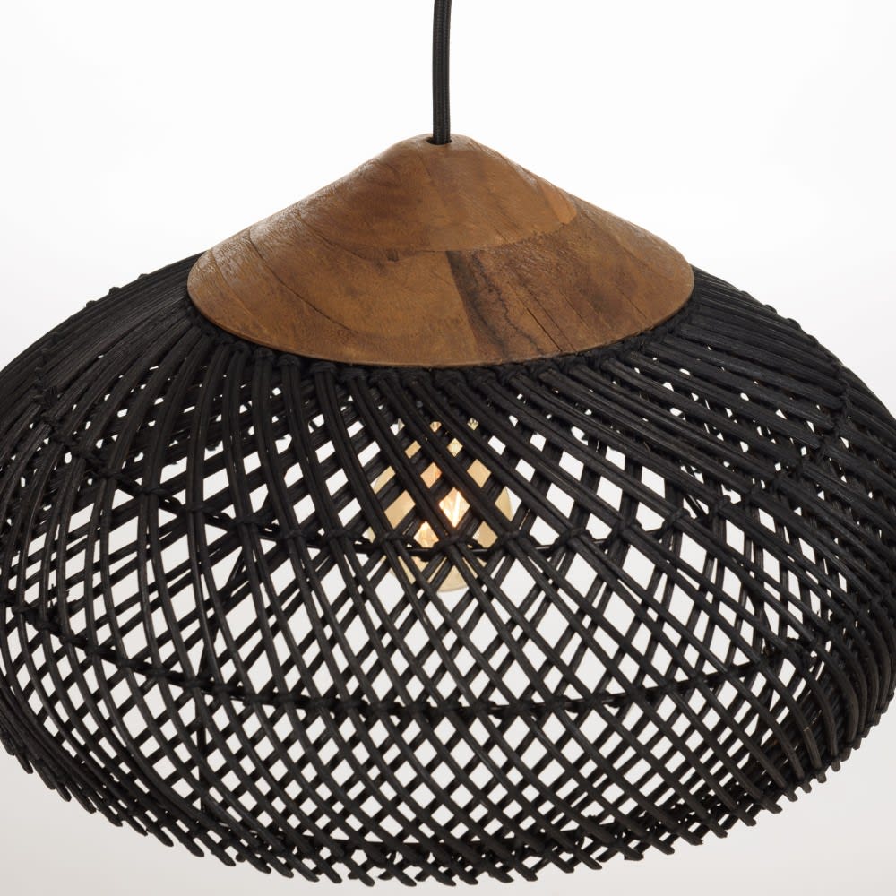 Suspension 40x40cm en rotin couleur noire et teck recyclé