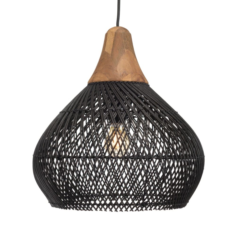 MACABANE Hängeleuchte "Glocke" Rattan / Teakholz style exotic Schwarz Rattan