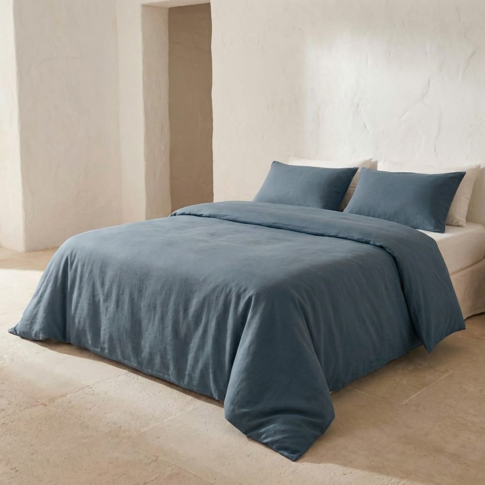Housse de couette uni 100% coton bleu 220x220 cm + 2 taie oreiller