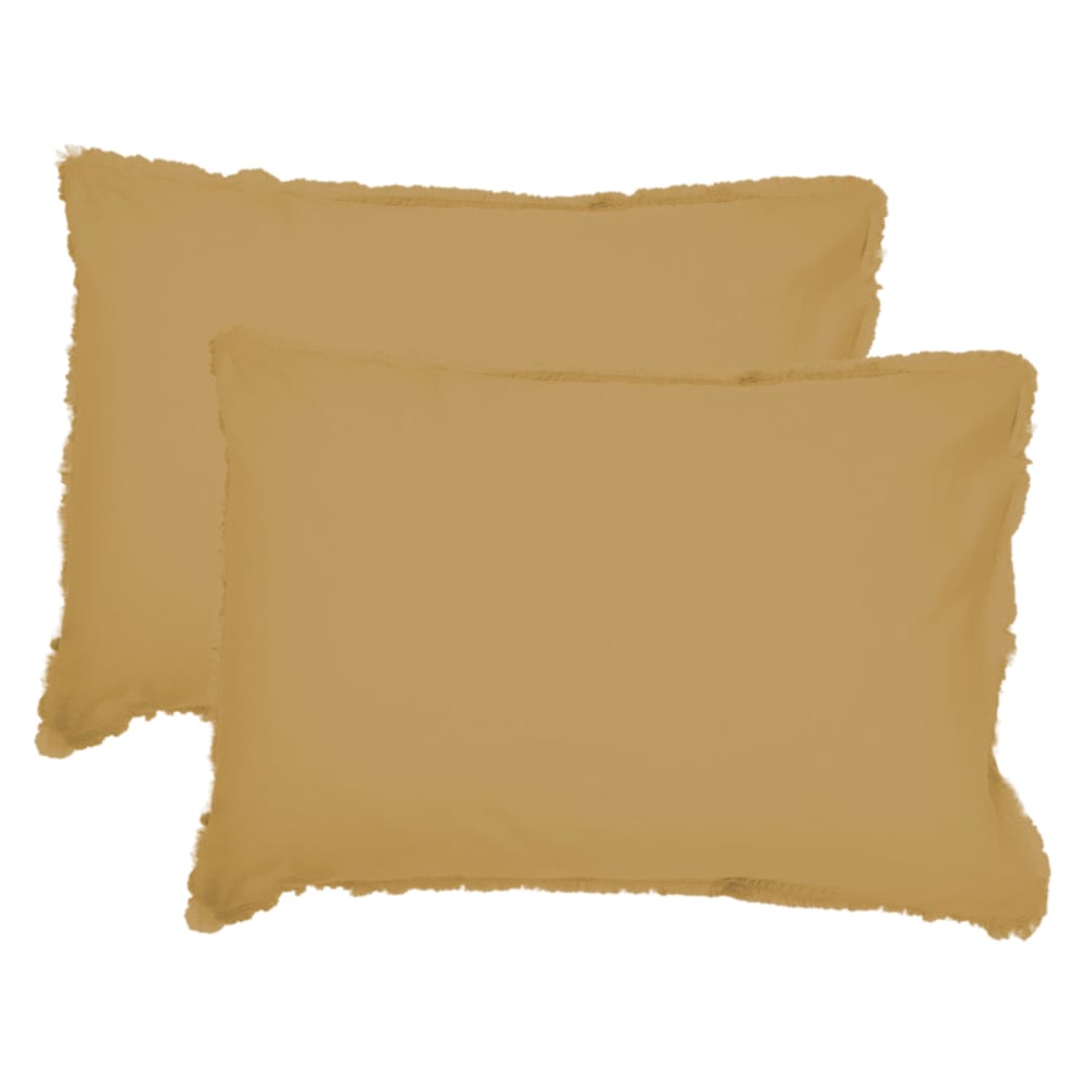 Set de 2 taies d'oreiller unies à franges Miel 50x70cm