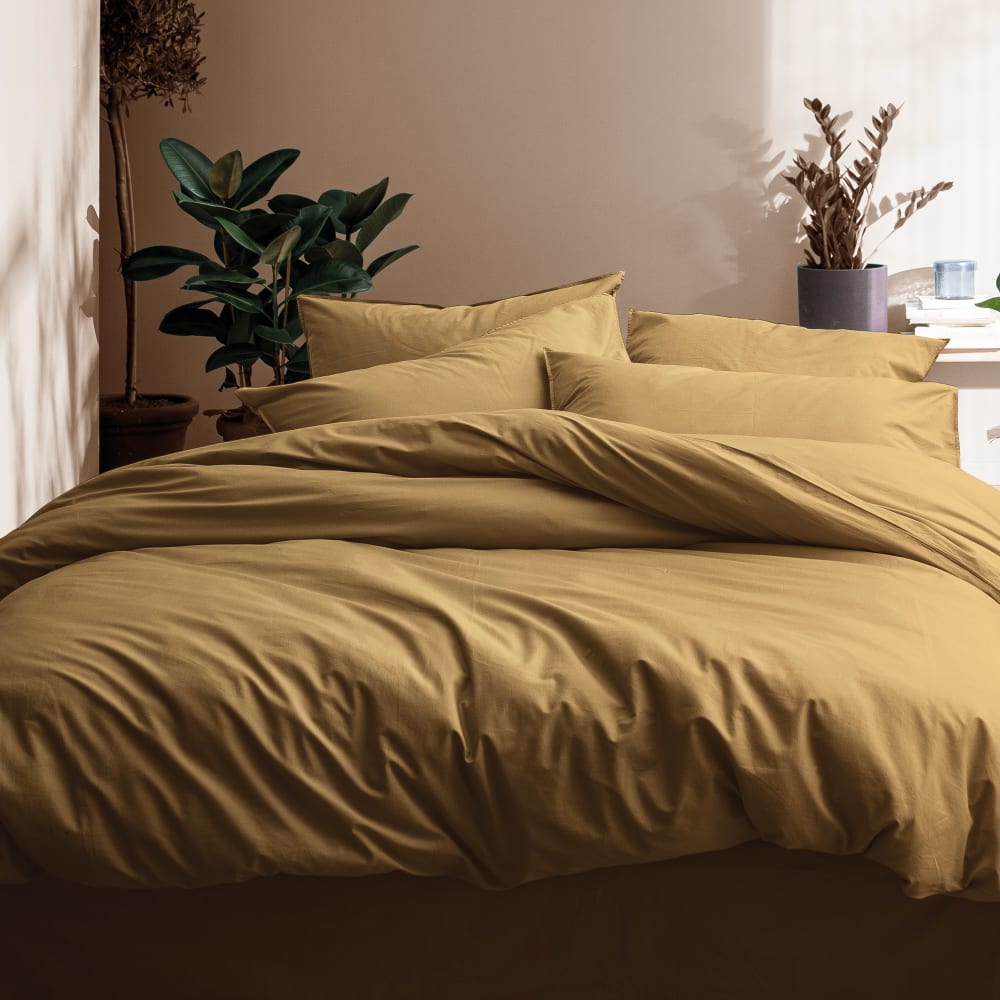 Parure de lit en coton lavé taies volant miel 240x220+2x65x65cm