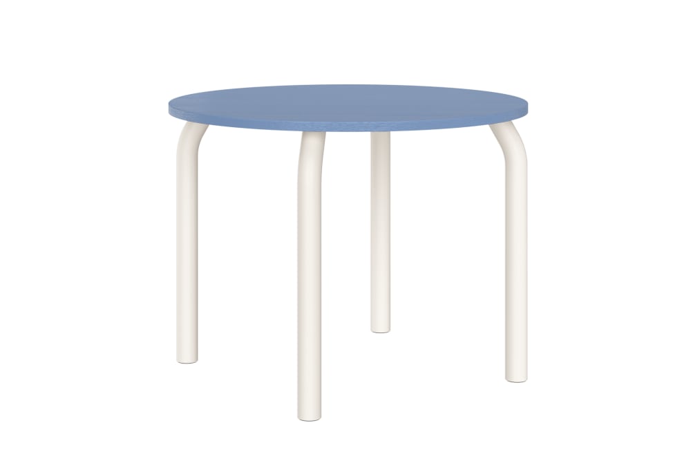 Table à manger ronde en placage de chêne et acier, bleu et beige