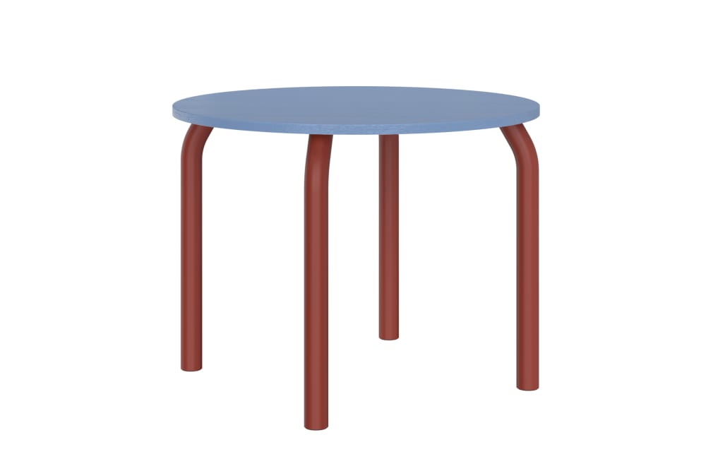 Table à manger ronde en placage de chêne et acier, bleu et marron