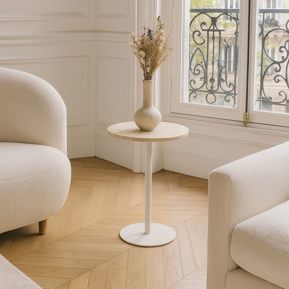 Meuble d'appoint en métal blanc et plateau en travertin - Maisons du Monde