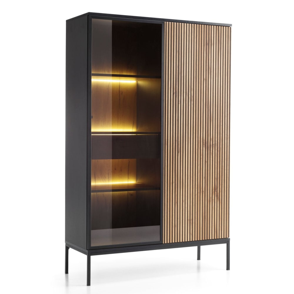 Selsey Vitrine 2-türig mit Schublade und LED, Schwarz / Wotan Eiche style modern Schwarz Spanplatte